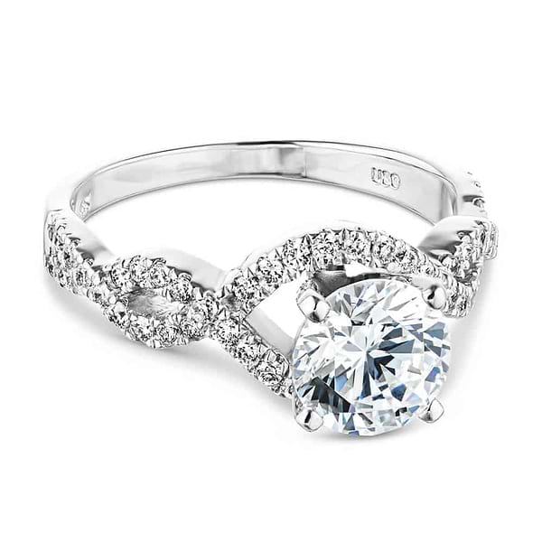 Shown with 1ct Round Cut Lab Grown Diamond in 14k White Gold|Unique twisted wavy engagement ring with diamond accented band and 1ct round cut lab grown diamond in 14k white gold