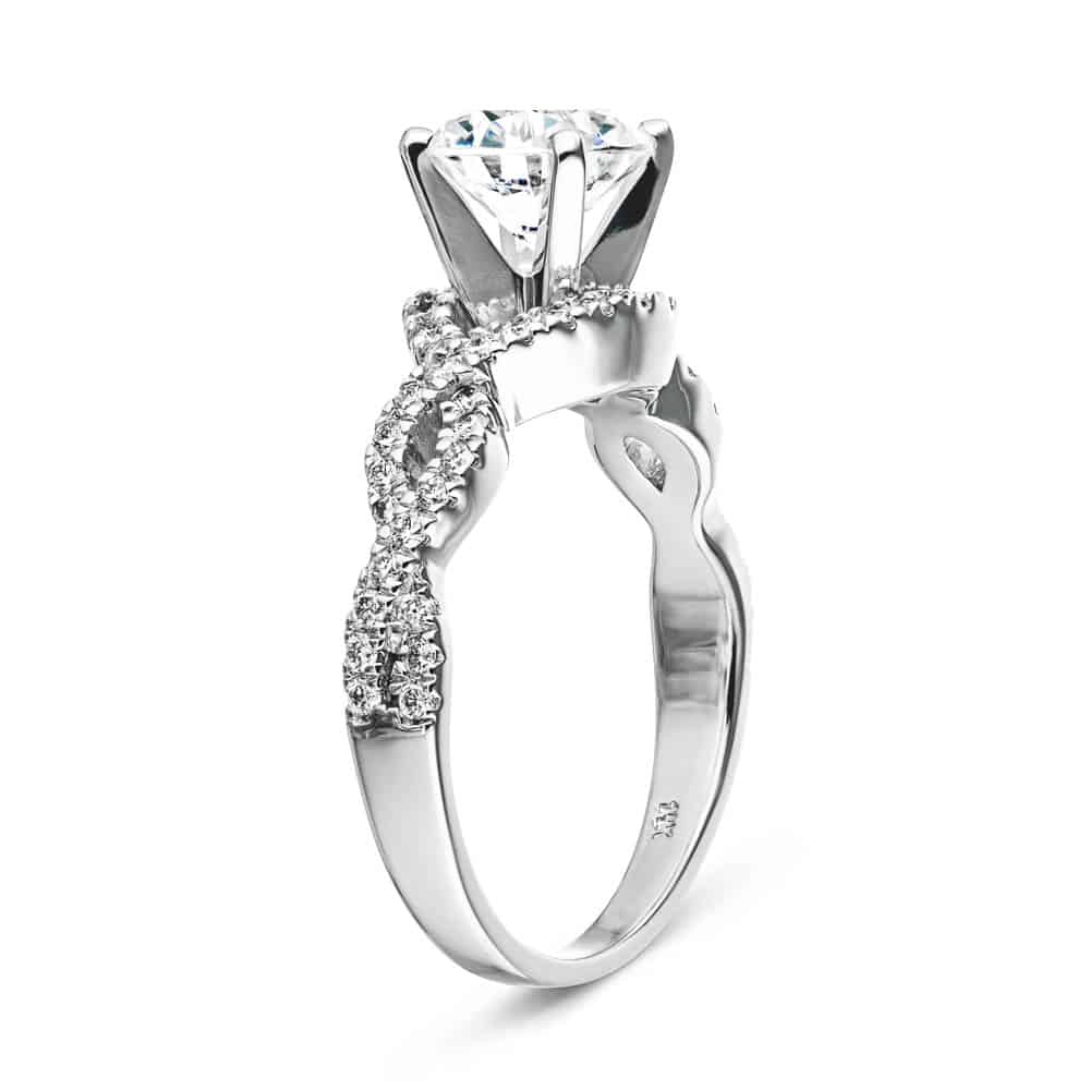 Shown with 1ct Round Cut Lab Grown Diamond in 14k White Gold|Unique twisted wavy engagement ring with diamond accented band and 1ct round cut lab grown diamond in 14k white gold