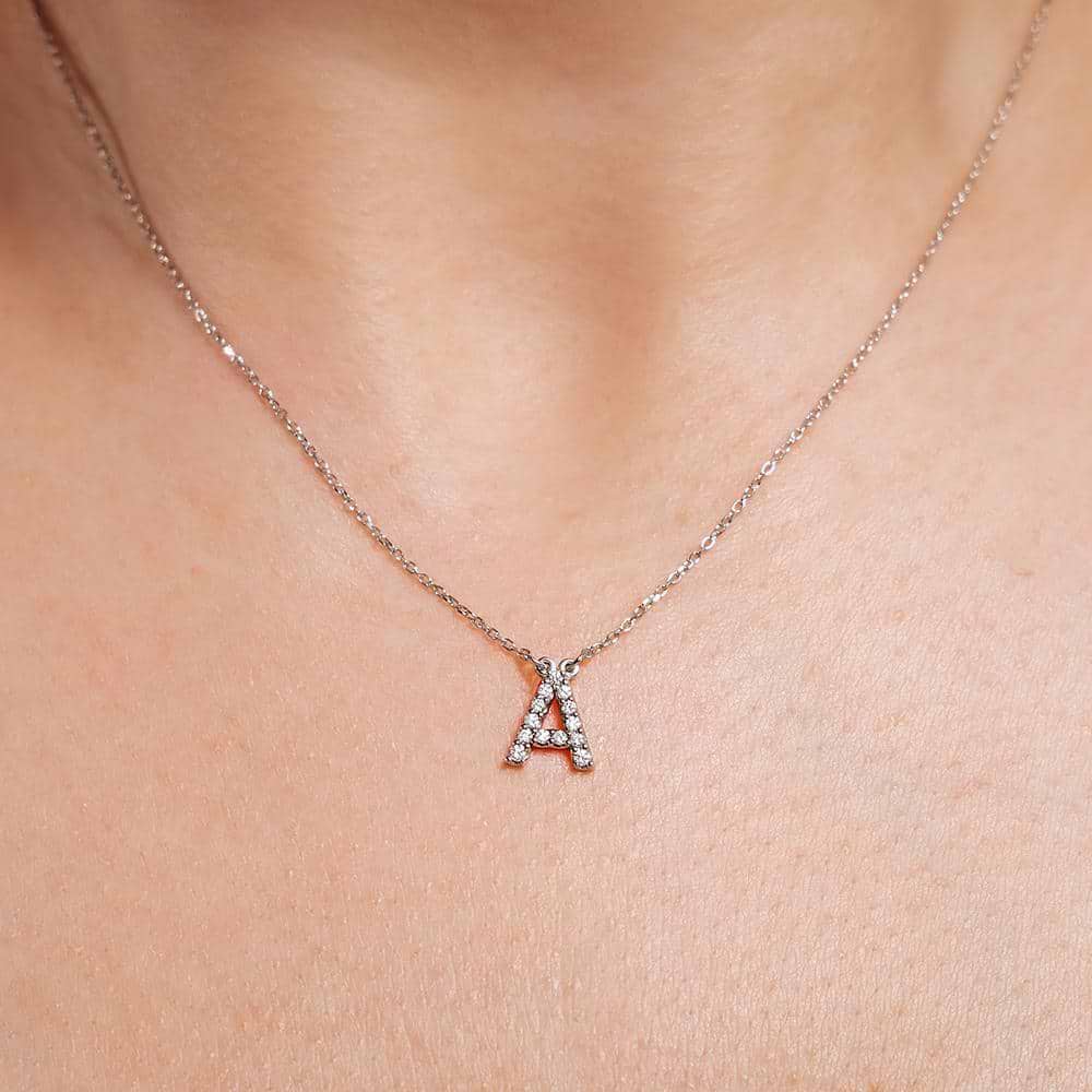 Initial necklace with 0.16ctw recycled diamonds in 14K white gold |diamond and gold initial necklace.