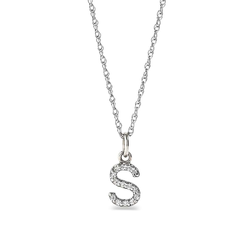 Shown with 0.33ctw Lab Grown Diamonds in 14K White Gold|S Initial pendant in 14 carat white gold embedded with  lab grown diamonds from MiaDonna