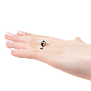 Stackable modern solitaire engagement ring with half bezel set 1ct round cut lab grown diamond in 14k white gold shown worn on hand sideview