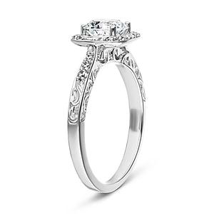 Antique style filgree detailed ring with lab created diamond set in 14k white gold shown from side