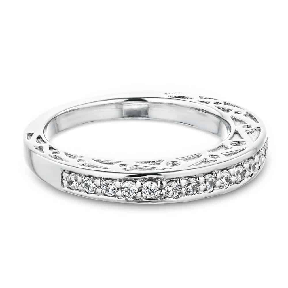 Julie Accented Wedding band with scroll detail and recycled diamonds in recycled 14K white gold | Julie Accented Wedding band scroll detail recycled diamonds recycled 14K white gold