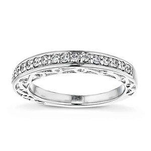  Wedding band with scroll detail and accenting diamonds in recycled 14K white gold