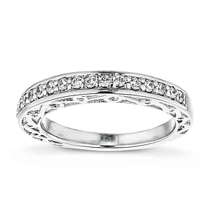  Wedding band with scroll detail and accenting diamonds in recycled 14K white gold