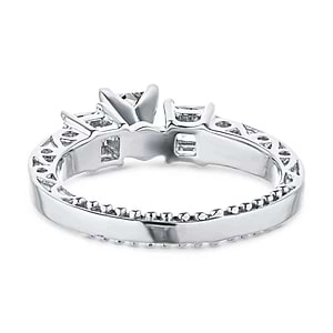  three stone engagement ring Shown with three Princess cut Lab-Grown Diamonds with scroll detailing and accenting diamonds on the band in recycled 14K white gold