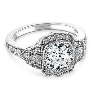 Unique antique style diamond accented halo engagement ring with 1ct cushion cut lab grown diamond in 14k white gold