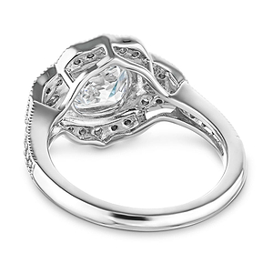 Antique style diamond accented halo engagement ring with 1ct cushion cut lab grown diamond in 14k white gold shown from back