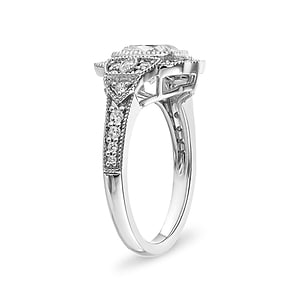Antique style diamond accented halo engagement ring with 1ct cushion cut lab grown diamond in 14k white gold shown from side