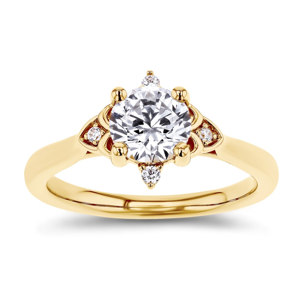 Shown here with a 1.0ct Round Cut Lab Grown Diamond center stone in 14K Yellow Gold|diamond accented engagement ring with round cut lab grown diamond center stone set in 14k yellow gold metal