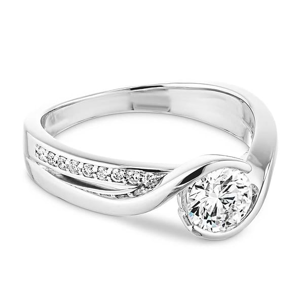 Shown with 1ct Round Cut Lab Grown Diamond in 14k White Gold|Modern two tone engagement ring with diamond accented split shank and half bezel set 1ct round cut lab grown diamond in 14k white gold