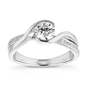 Unique modern two tone engagement ring with diamond accented split shank and half bezel set 1ct round cut lab grown diamond in 14k white gold