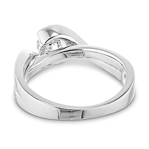 Modern two tone engagement ring with diamond accented split shank and half bezel set 1ct round cut lab grown diamond in 14k white gold shown from back