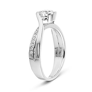 Modern two tone engagement ring with diamond accented split shank and half bezel set 1ct round cut lab grown diamond in 14k white gold shown from side
