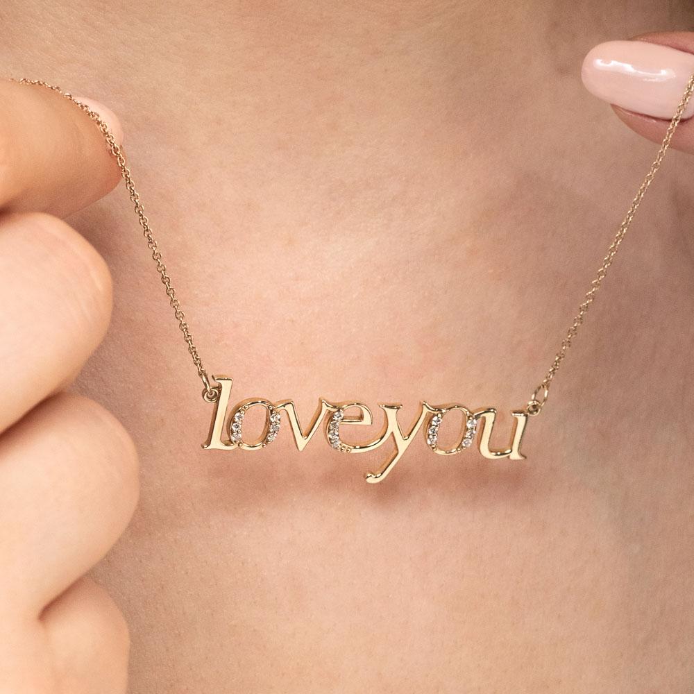Diamond Accented Love You Necklace in 14K yellow gold | recycled diamonds love you necklace pendant gold