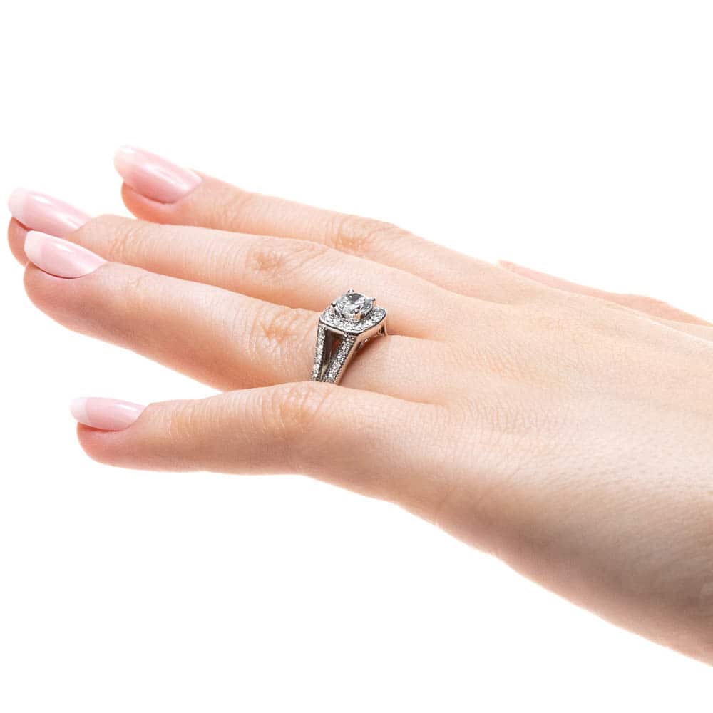 Shown with 0.5ct Round Cut Lab Grown Diamond in 14k White Gold|Beautiful antique style two tone diamond accented split shank halo engagement ring with 0.5ct round cut lab grown diamond in 14k white gold worn on hand