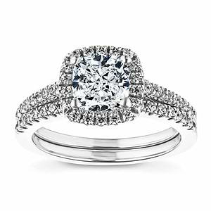 Unique diamond accented halo wedding ring set with cushion cut lab grown diamond in 14k white gold