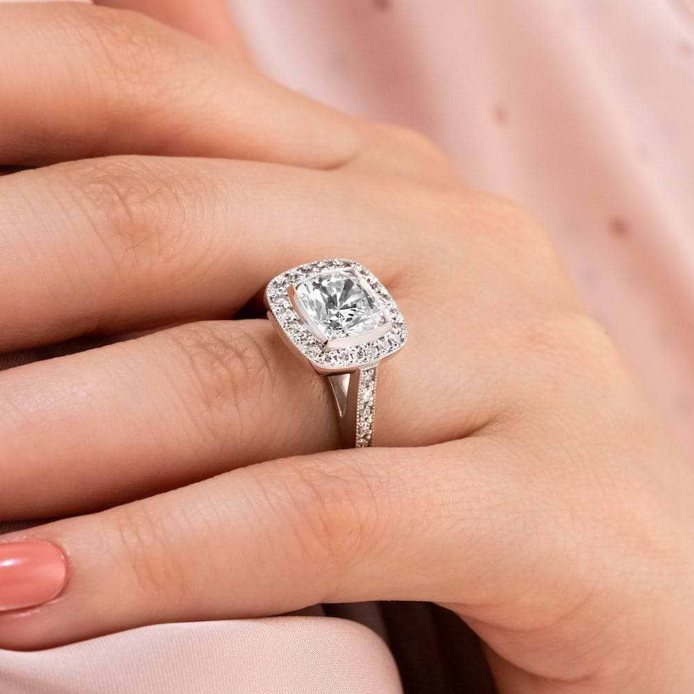 Luxury Antique engagement ring shown with a 1.0ct cushion cut Diamond Hybrid in recycled 14K white gold| diamond hybrid antique engagement ring