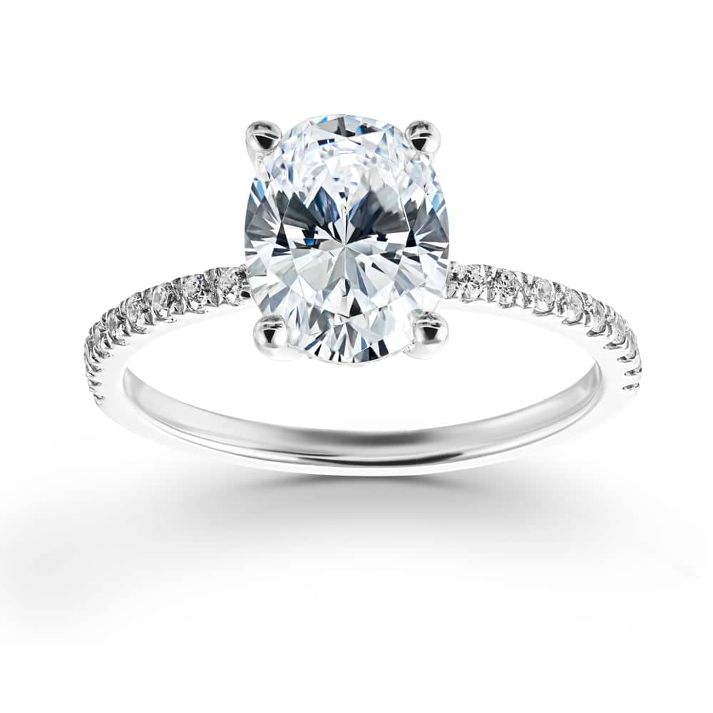 Shown with 1.5ct Oval Cut Lab Grown Diamond in 14k White Gold|Ethical diamond accented hidden halo engagement ring with 1.5ct oval cut lab grown diamond in 14k white gold