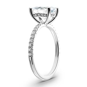 diamond accented hidden halo engagement ring with 1.5ct oval cut lab grown diamond in 14k white gold shown from side