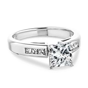 Beautiful engagement ring with cathedral style 1ct princess cut lab grown diamond in channel set diamond accented 14k white gold band