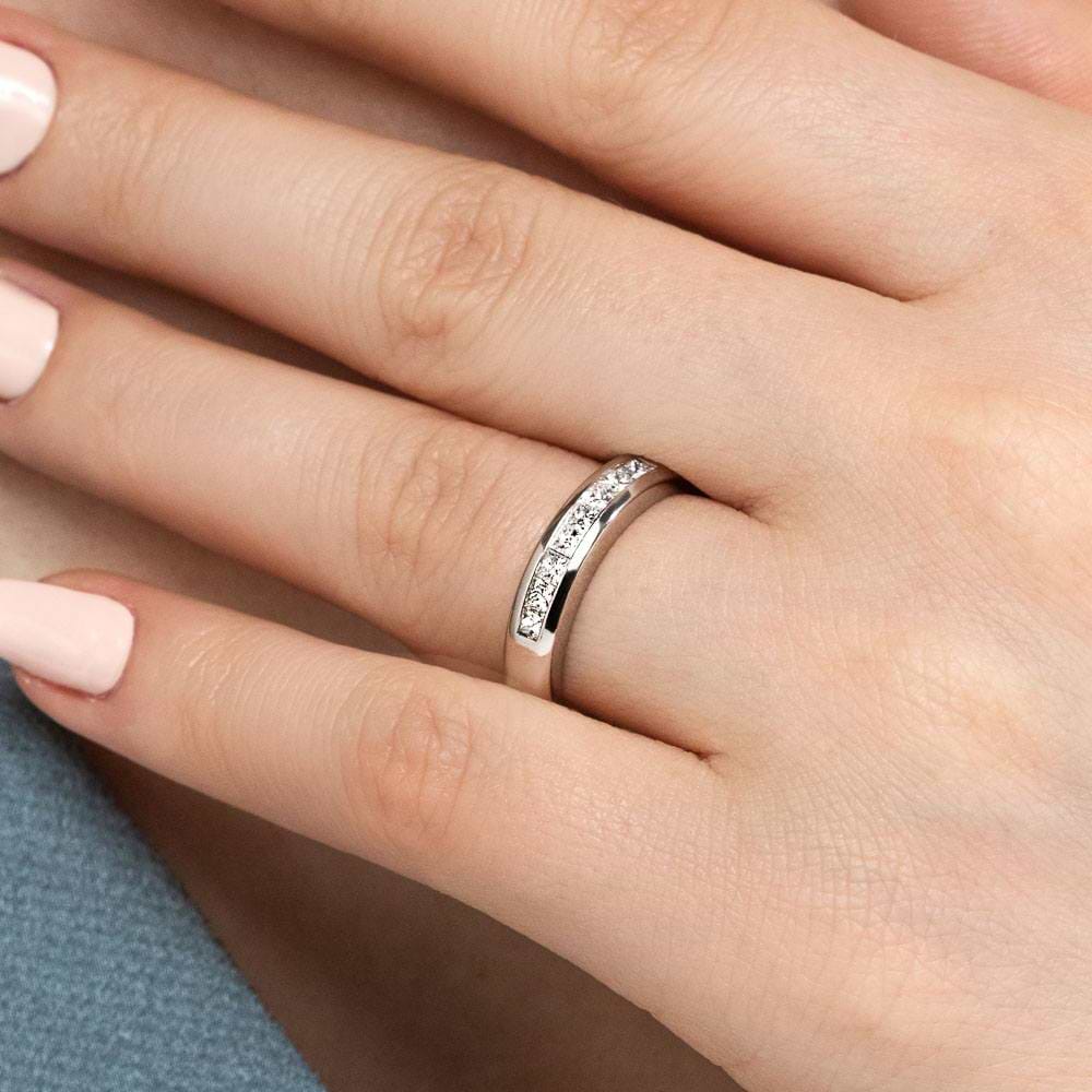 Channel set diamond wedding band made to fit the Melanie Engagement Ring in recycled 14K white gold| channel set diamond wedding band made to fit melanie engagement ring