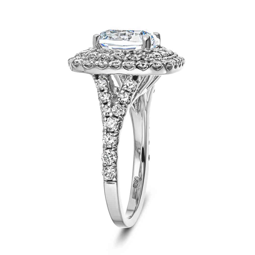 Shown with 1ct Cushion Cut Lab Grown Diamond in 14k White Gold|Luxurious double halo split shank engagement ring with diamond accents surrounding a 1ct cushion cut lab grown diamond in 14k white gold