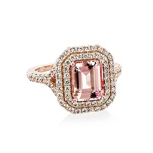 Stunning double halo split shank engagement ring with accenting diamonds and a 1ct emerald cut lab created champagne pink sapphire in 14k rose gold