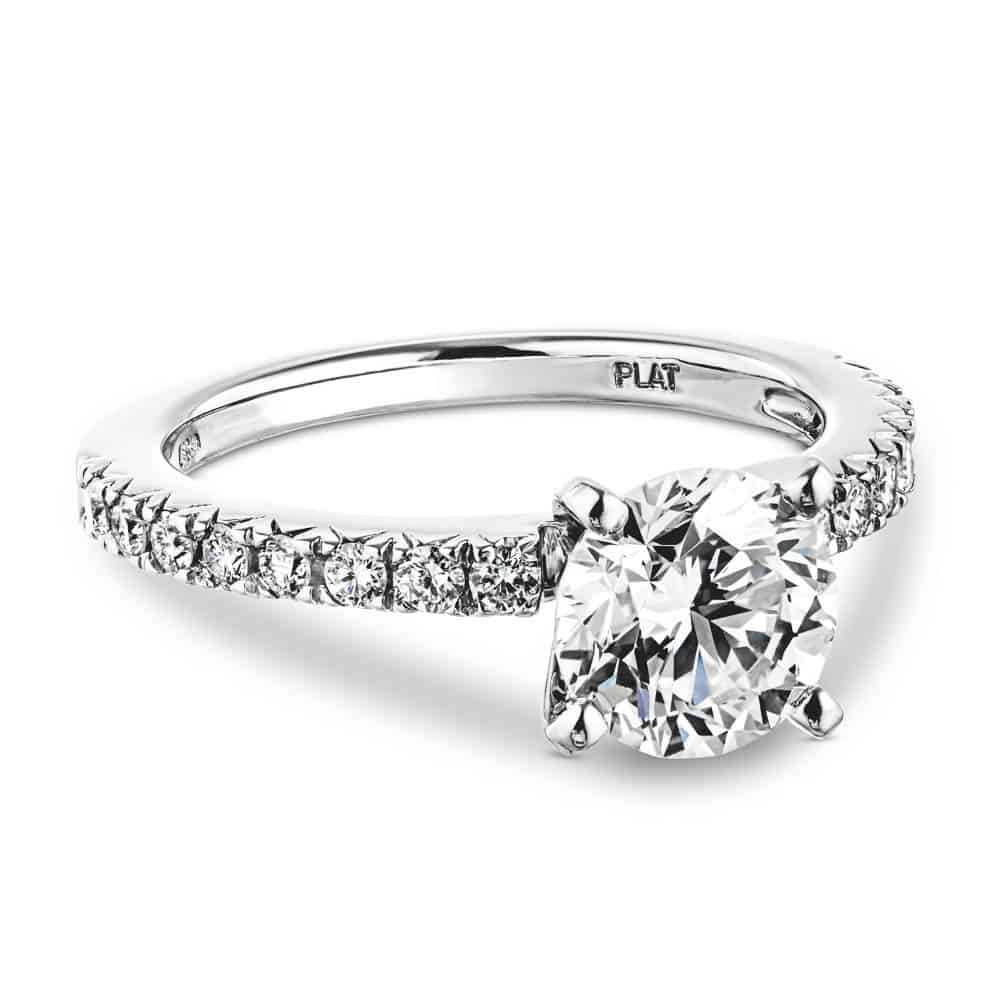 Novu Wedding Set shown with a 1.0ct Round cut Lab-Grown Diamond with a diamond accented band in recycled platinum, can be purchased with the matching band as a set at a discounted price 