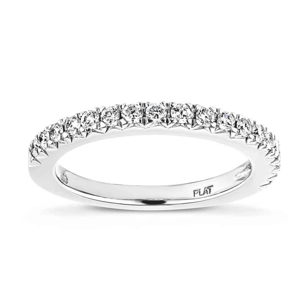 Diamond accented wedding band in recycled platinum made to fit the Novu Engagement Ring 