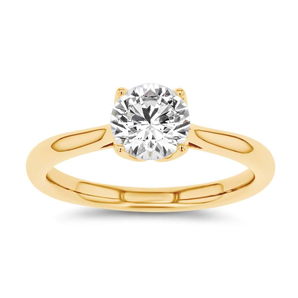 Shown here with a 1.0ct Round Cut Lab Grown Diamond center stone in 14K Yellow Gold|solitaire engagement ring with nature inspired floral prong head with lab grown diamond center stone set in 14k yellow gold metal
