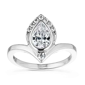 Vintage style diamond accented teardrop engagement ring with bezel set 1ct pear cut lab grown diamond in 14k white gold setting