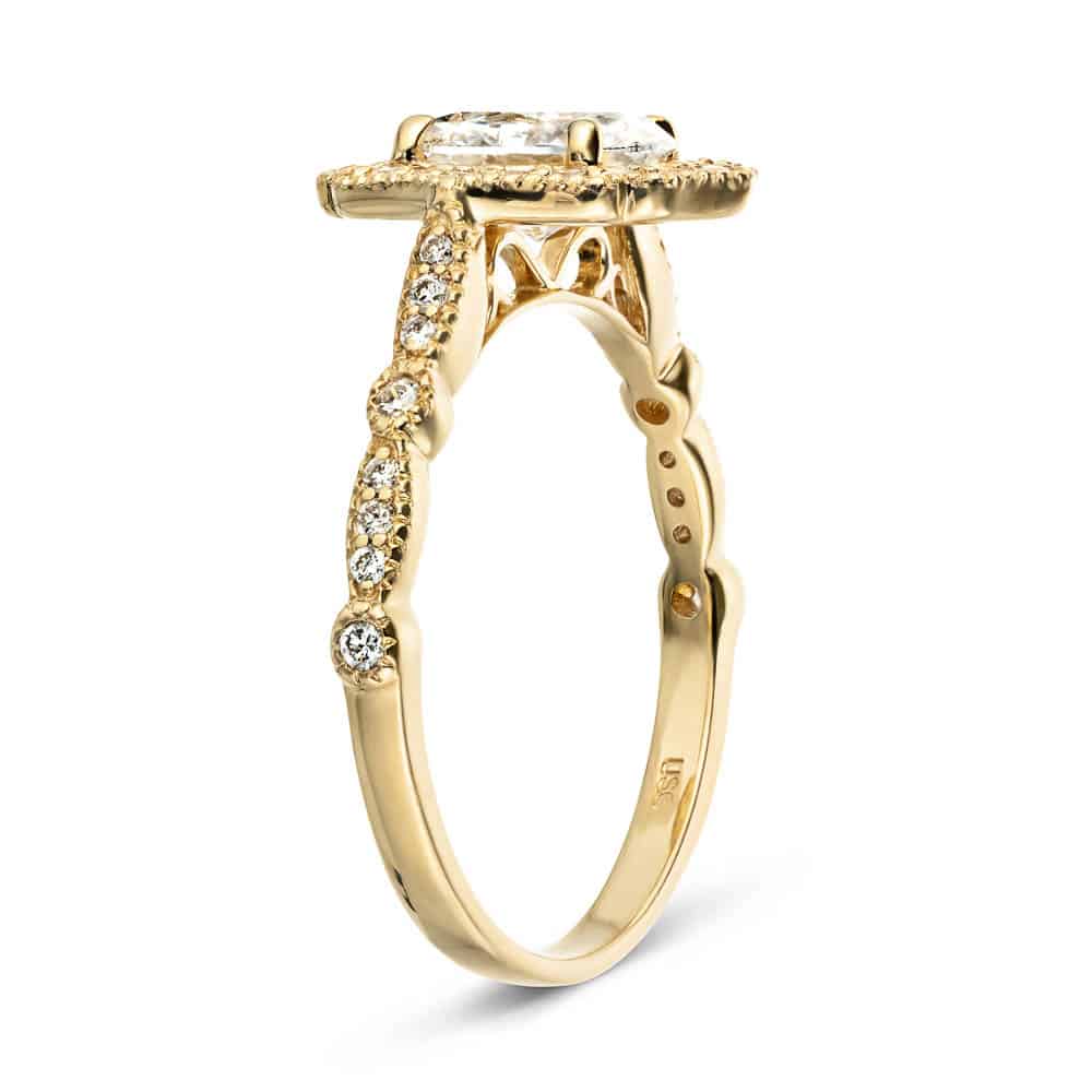 Shown In 14K Yellow Gold with an Oval Cut Center Stone|vintage halo lab grown diamond ring with an oval cut lab grown diamond center stone 