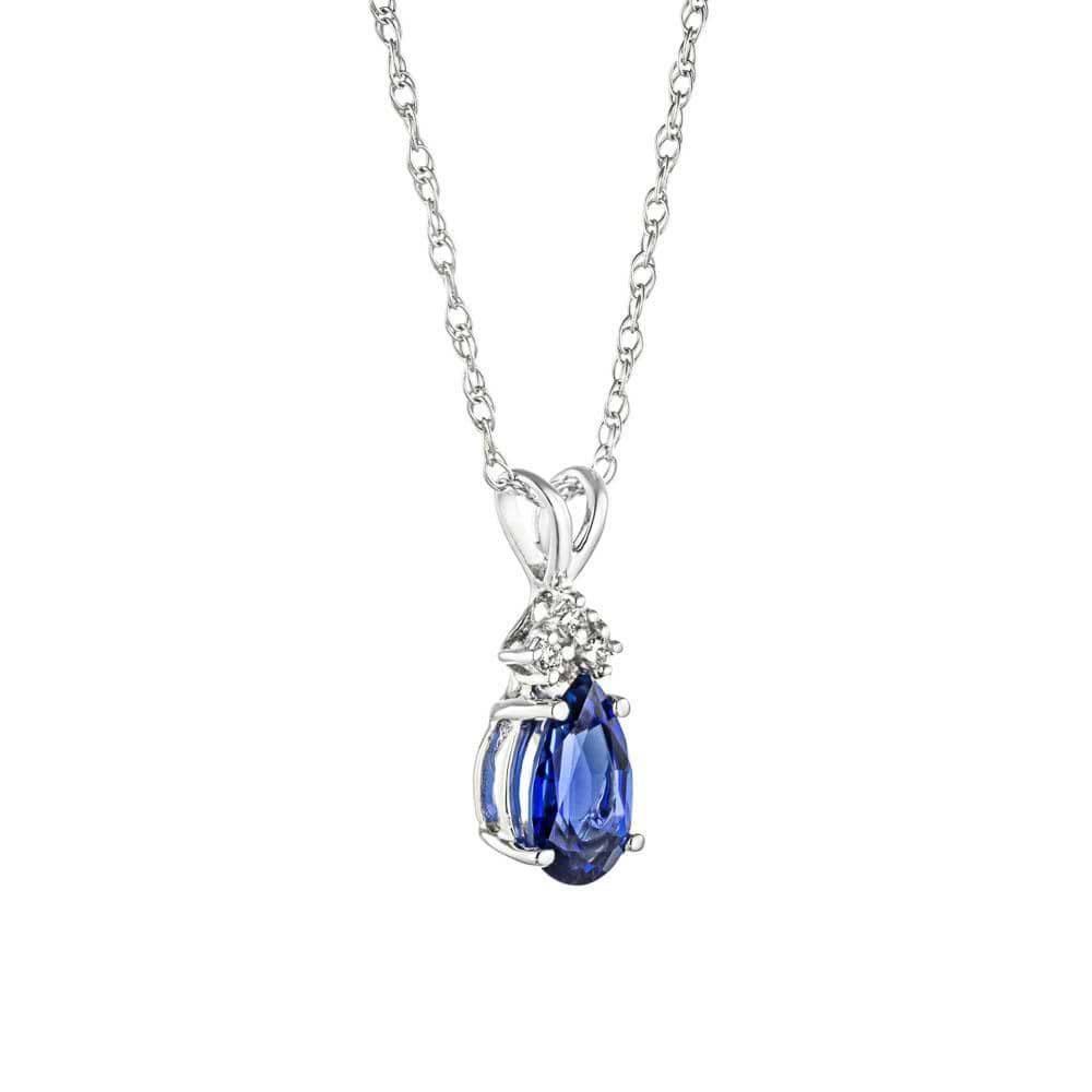 Shown with a 1ct Pear Cut Lab Grown Blue Sapphire in 14k White Gold|Diamond accented tear drop pendant with 1ct pear cut lab created blue sapphire in 14k white gold