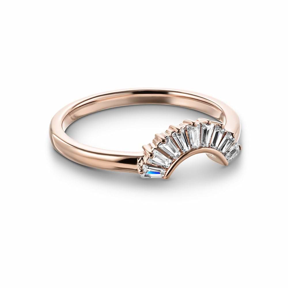 Shown in 14k Rose Gold|Unique elegant contour diamond accented wedding band with baguette cut lab grown diamonds in 14k rose gold
