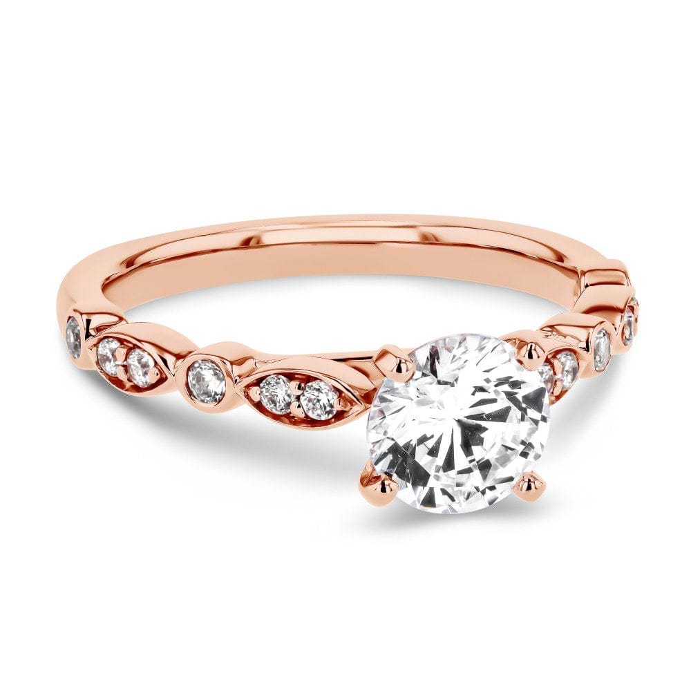 Shown here with a 1.0ct Round Cut Lab Grown Diamond center stone in 14K Rose Gold
