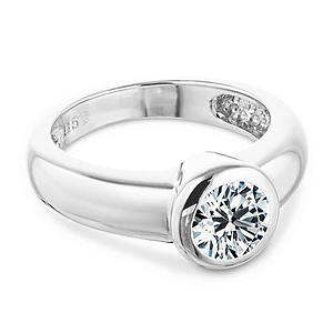 Modern minimalistic bezel solitaire engagement ring with 1ct round cut lab grown diamond in thick 14k white gold band