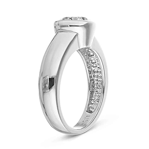 Modern bezel solitaire engagement ring with 1ct round cut lab grown diamond in 14k white gold setting shown from side