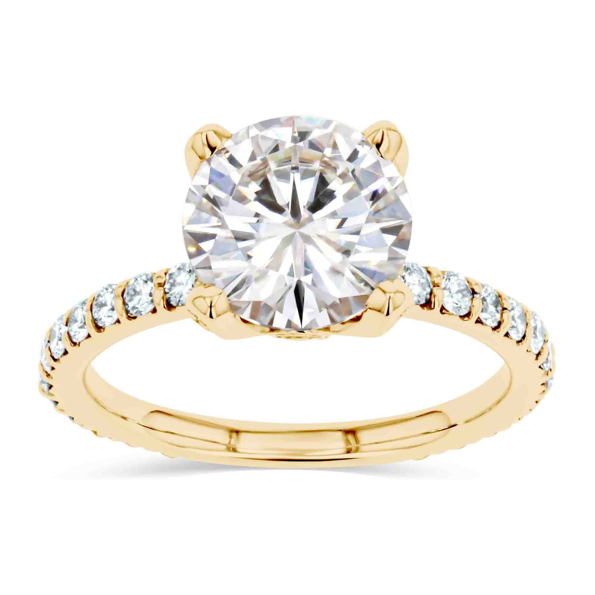 Queen Vintage Engagement Ring set with a 8.5mm Round Cut Forever One Colorless Moissanite in 14K Yellow Gold|diamond accented vintage style engagement ring with accenting lab grown diamonds and a moissanite center stone with a peeka boo diamond in 14k yellow gold