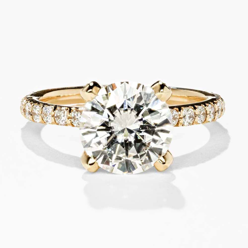 Queen Vintage Engagement Ring set with a 8.5mm Round Cut Forever One Colorless Moissanite in 14K Yellow Gold