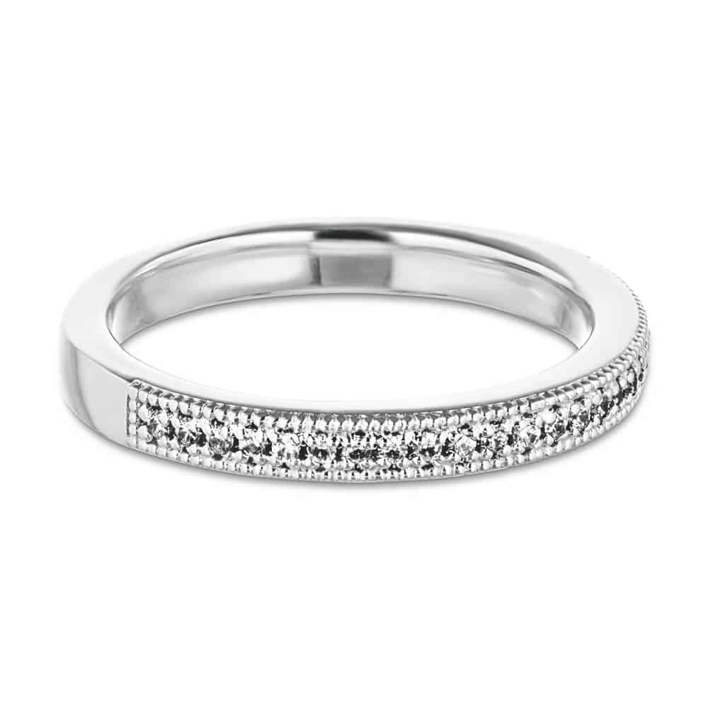 Quimby diamond accented wedding band with filigree detail in recycled 14K white gold made to fit the Quimby Engagement Ring | Diamond accented wedding band filigree detail recycled 14K white gold Quimby Engagement Ring
