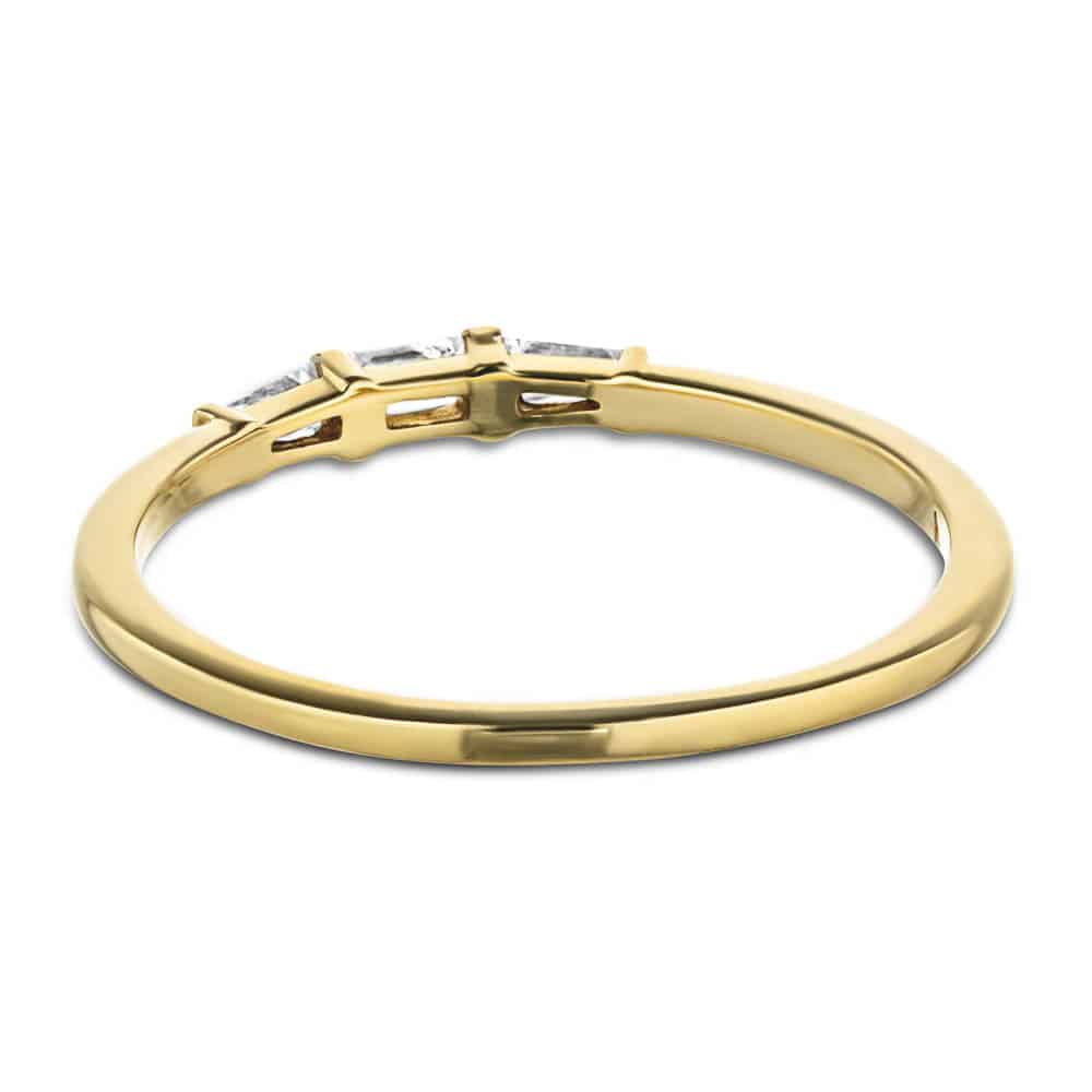 Three Stone Baguette Ring shown in recycled 10K yellow gold 