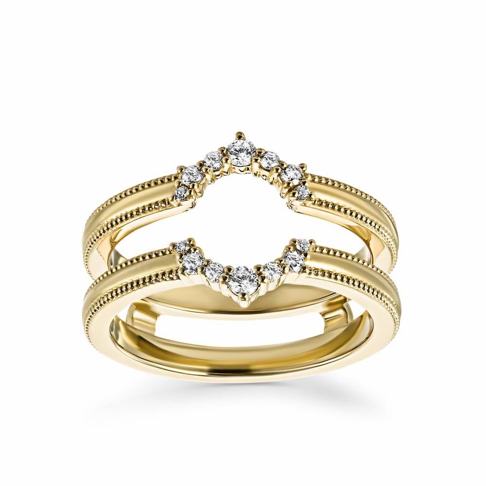Shown in 14k Yellow Gold|Vintage style diamond accented dual connected band ring guard with lab diamonds and milgrain detailing in 14k yellow gold