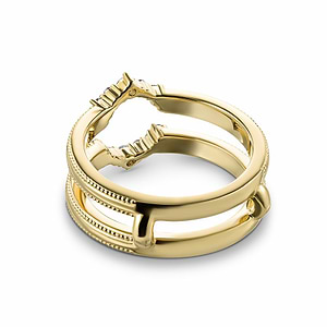 Vintage style diamond accented dual connected band ring guard with lab diamonds and milgrain detailing in 14k yellow gold shown from back