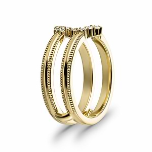 Vintage style diamond accented dual connected band ring guard with lab diamonds and milgrain detailing in 14k yellow gold shown from side