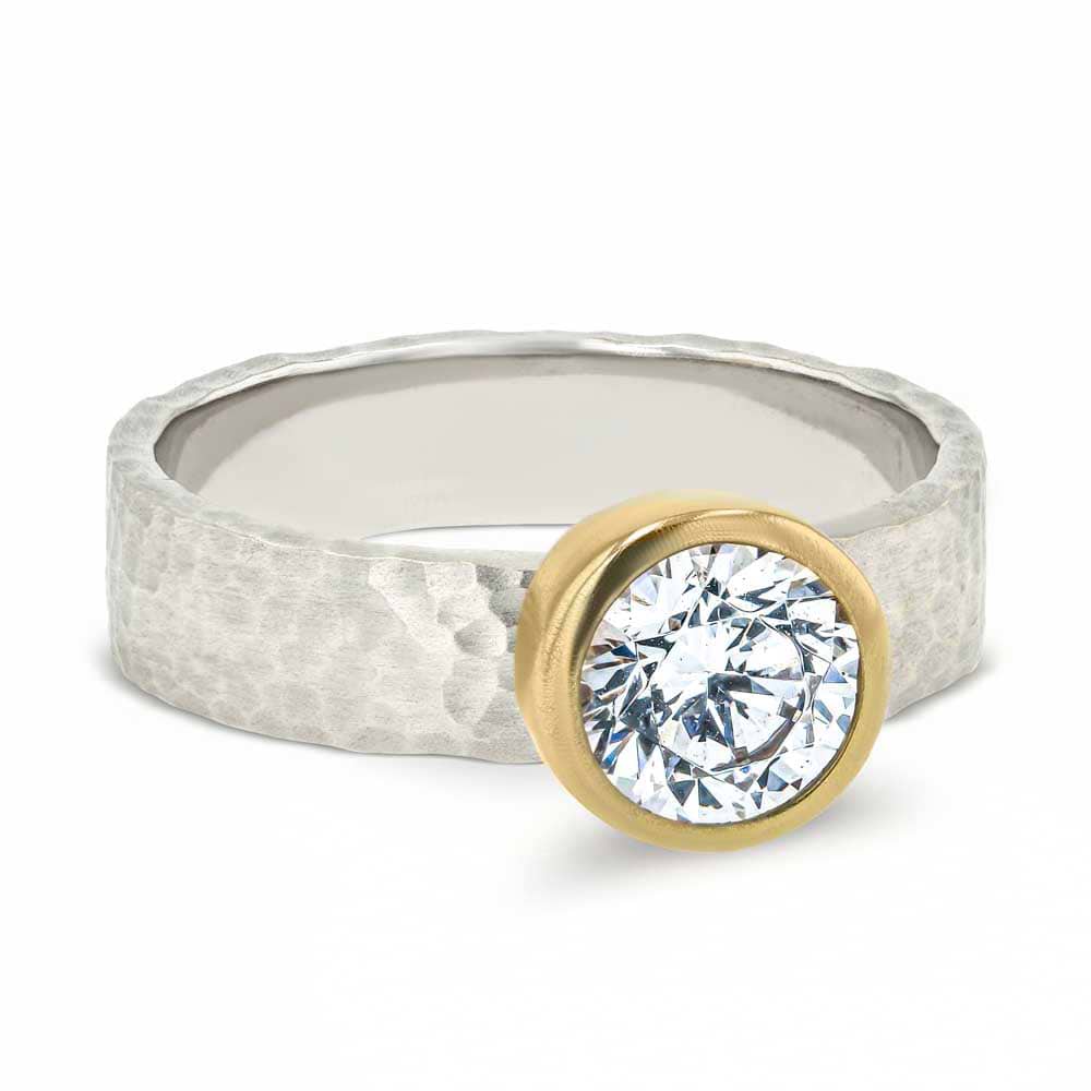 Shown in Two Toned 14K White Gold and 14K Yellow Gold with a Satin Hammer Finish