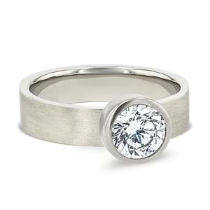 bezel set solitaire engagement ring with satin finish in 14k white gold metal