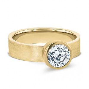 bezel set solitaire engagement ring with satin finish in 14k yellow gold metal