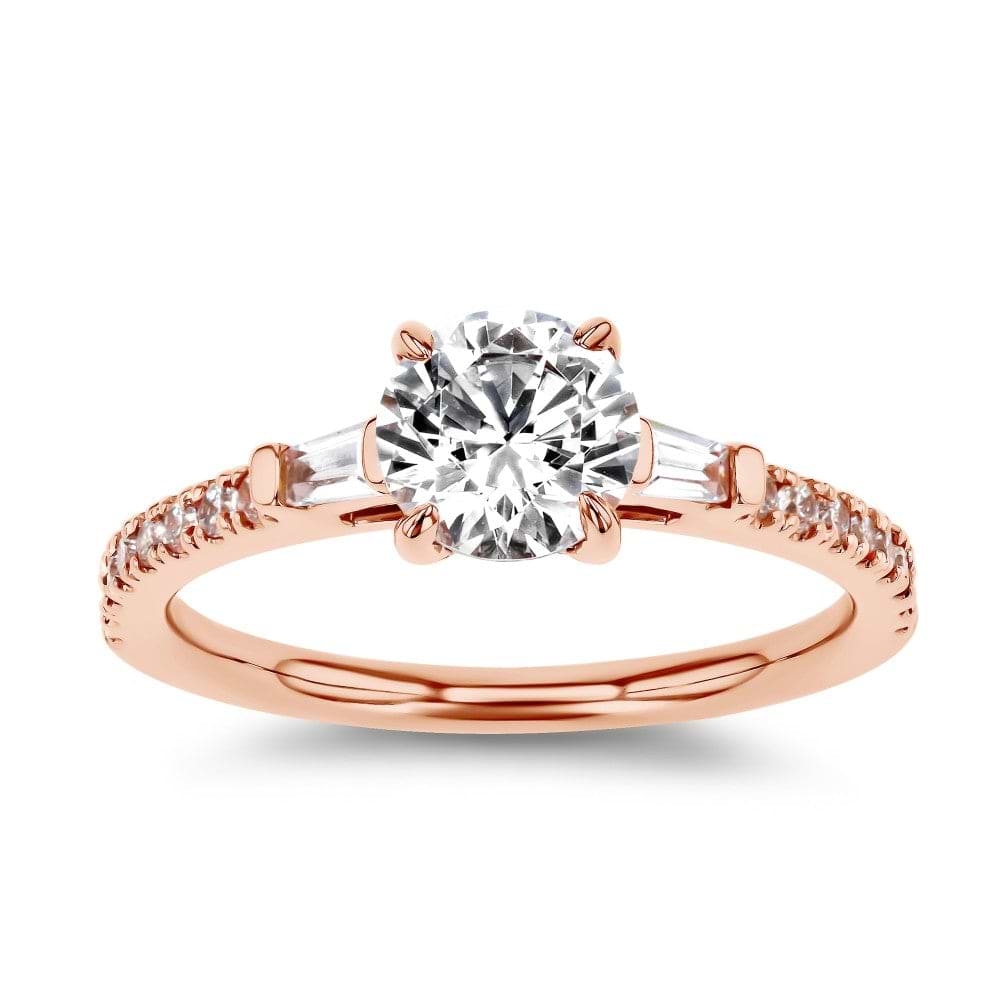 Shown here with a 1.0ct Round Cut Lab Grown Diamond center stone in 14K Rose Gold