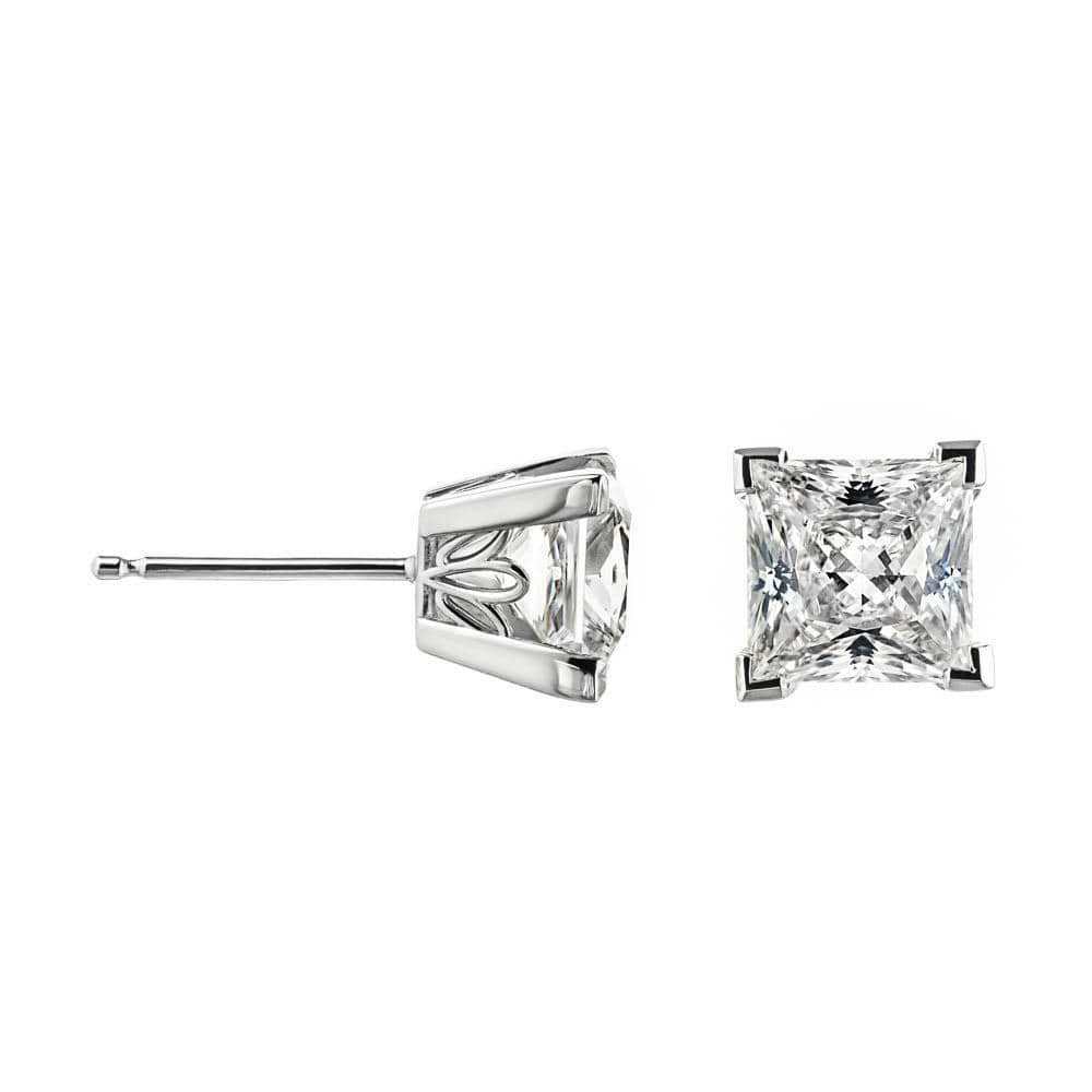 Princess Cut Scroll Stud Earrings in 14K White Gold | princess cut scroll earring studs gold 4 prong